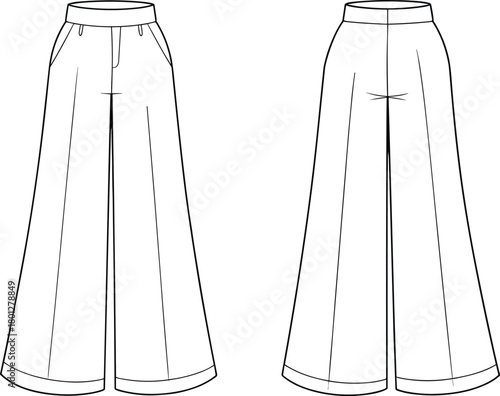 Wide leg women trousers technical flat sketch, fashion cad drawing, flared pants front and back view, apparel design vector illustration