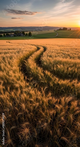 A scenic view of a golden wheat field during sunset with a winding path leading through the crops and rolling hills in the background under a partly cloudy sky
