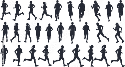 Running silhouettes, jogging postures, athletic motion, fitness activity, human movement, sports training, biomechanics, exercise, sprint, marathon, health, agility, dynamic pose, workout, track