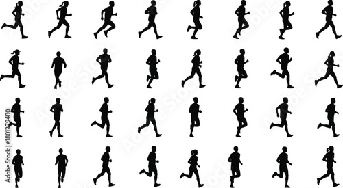 Running silhouettes, diverse postures, athletic motion, human movement, sports training, biomechanics, fitness, profile view, dynamic stride, black figures, male female, jogging styles
