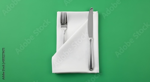A neatly folded white napkin with a fork and knife placed on top, set against a vibrant green background for a clean and modern dining presentation
