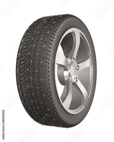 Studded car tire on white background. Isolated 3D illustration