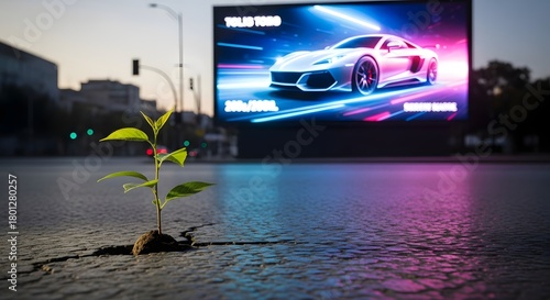 Fototapeta Naklejka Na Ścianę i Meble -  A small green plant growing in the middle of an urban street with a large digital billboard displaying a futuristic car in the background during dusk
