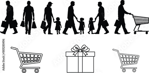 Shopping, consumer, retail, family, silhouette, cart, gift, purchase, people, lifestyle, commerce, black, icon, market, mall, buyer, children, bags, spending, illustration