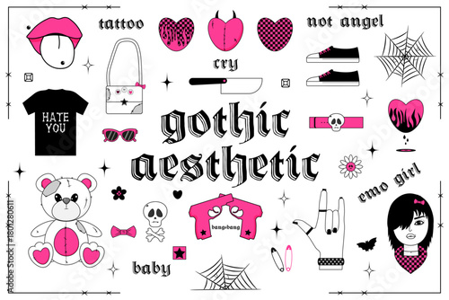 Gothic aesthetic elements and accessories, including a tattoo, heart, cry, knife, shoe, web and more, all with a dark and edgy vibe