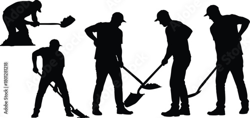 Silhouette workers shoveling, manual labor posture, construction effort, industrial workforce, teamwork strength, outdoor digging, occupational safety, hard workSilhouette workers shoveling 