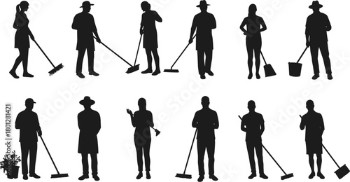 Silhouette workers cleaning, housekeeping staff, janitors sweeping, mopping, dusting, sanitation team, maintenance service, hygiene care, workplace
