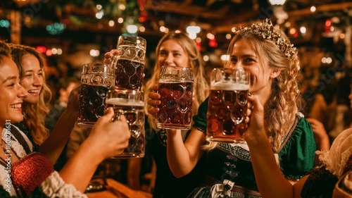Friends in traditional outfits raising steins at a festive beer hall—Oktoberfest energy, cultural heritage and joyful togetherness for travel, events and food‑and‑drink marketing