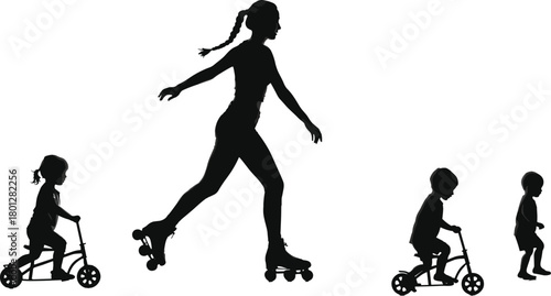 Silhouette, childhood, tricycle, roller skating, walking, motion, growth, development, evolution, dynamic, journey, age, transition, youth, activity, movement, playful, lifestyle