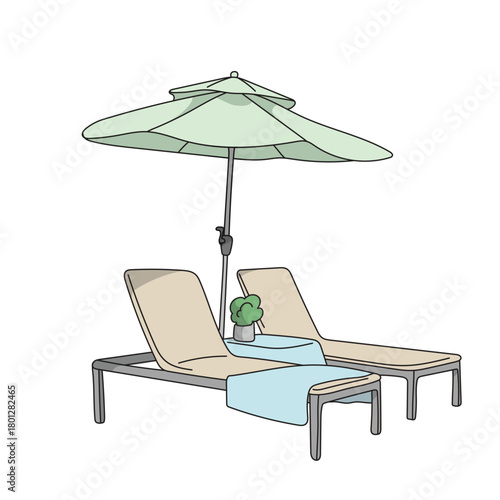 Beach umbrella with pair of sun loungers illustration vector hand drawn with black lines
