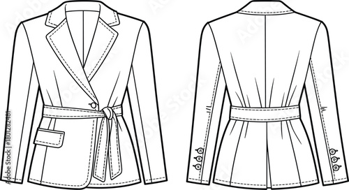 Women belted blazer technical fashion flat sketch with front and back view, stylish jacket cad drawing vector illustration design