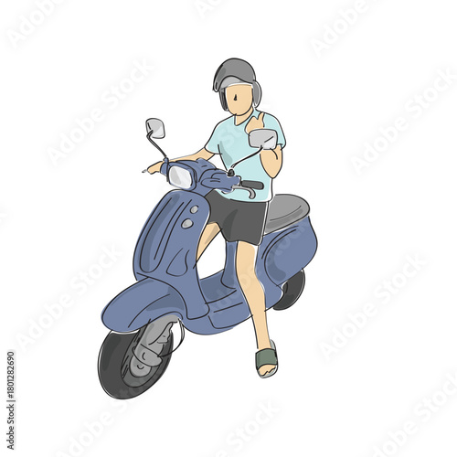 man with helmet showing thumb up on his motorcycle illustration vector hand drawn with black lines
