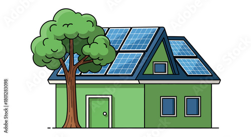 Eco‑friendly green house with solar panels and tree