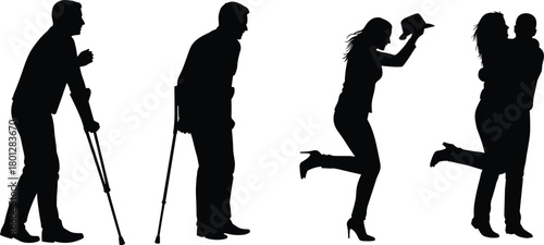 Silhouette, disability, crutches, posture, aging, fatigue, happiness, joy, jumping, celebration, embrace, reunion, affection, connection, diversity, humanity, emotion, resilience