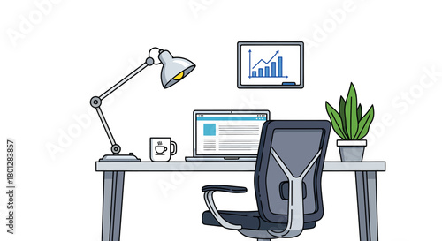 Minimal clean workspace illustration with laptop