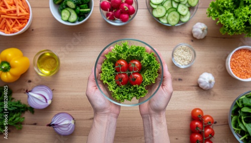 Fresh tomatoes and lettuce salad bowl held overhead surrounded by colorful vegetables for healthy eating