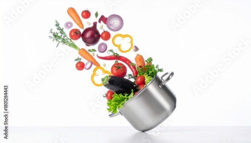 Healthy and fresh vegetables flying into a shiny pot, ready for delicious cooking on a bright white background