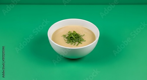 A white bowl filled with creamy soup garnished with fresh herbs, placed on a vibrant green background for a clean and modern presentation