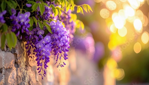 Purple wisteria flowers cascade down a textured stone wall, bathed in the warm glow of sunset light.