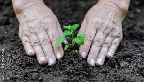 Nurturing new life hands gently planting seedling in rich garden soil for sustainable future growth