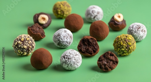 Assorted colorful truffles and chocolate confections arranged on a vibrant green background for a sweet treat display