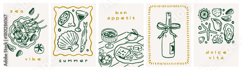 Dolce Vita cards with Italian seafood pasta, sea food, shells, limoncello bottle in retro doodle outline style. Italy summer holiday, coastal vacation, poster designs. Drawn vector illustrations