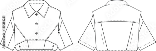 Women cropped shirt jacket flat sketch front and back view with collar and sleeve details, fashion CAD drawing vector illustration