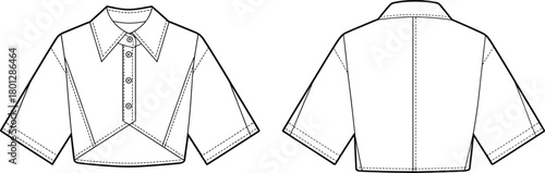 Women cropped shirt with short sleeves and button front design, modern fashion blouse technical flat sketch cad drawing vector illustration