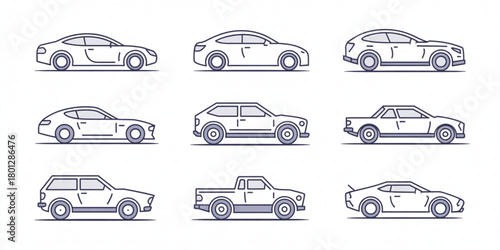 Automotive icon set featuring modern car silhouettes like sedans, hatchbacks, and pickup trucks, perfect for transportation or design related projects