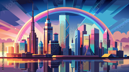 Very beautiful New York City skyline at downtown, featuring tall modern towers, reflective glass buildings, and a vivid rainbow arching above the city after rainfall, captured in clean atmospheric lig