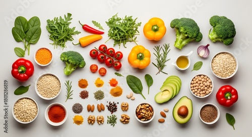 Healthy food flat lay vegetables fruits seeds nuts spices for balanced diet and nutrition