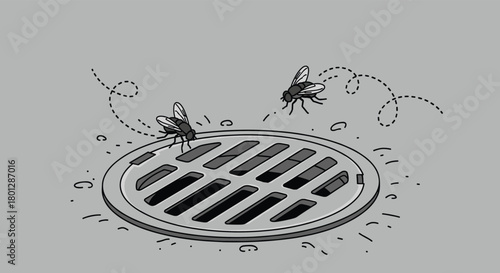Flies buzzing around a circular metal drain on a gray surface.