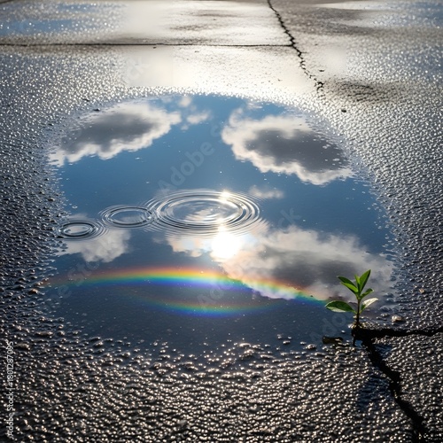 A small plant growing through a crack in the pavement with a puddle reflecting the sky and rainbow, highlighting resilience and hope in urban environments