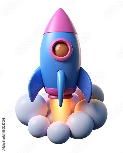 Colorful 3D Rocket Ship Design with Pink and Blue Colors and Cloud Effects