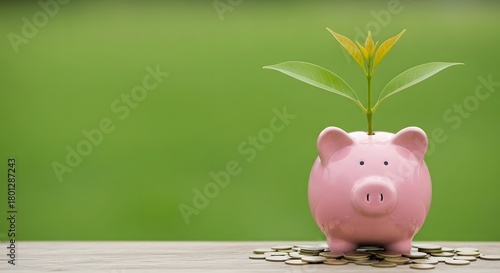 Investment growth concept: piggy bank with plant, finance, saving money and business growth