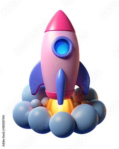 Colorful Rocket Launching with Bright Blue Window and Cloudy Base in 3D Design