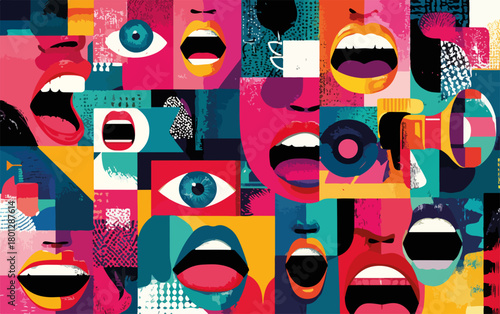 Vettore astratto di volti urlanti, bocche aperte e occhi, arte pop vibrante per la comunicazione e il dibattito.