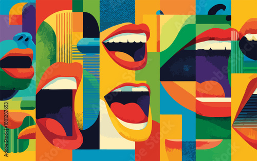 Bocche aperte e sorridenti in un vibrante collage astratto e colorato di comunicazione e gioia.