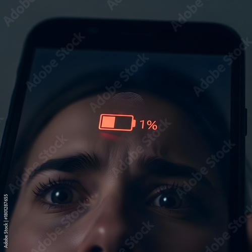 Close-up of a person's face reflected on a smartphone screen showing a low battery warning at 1% with a worried expression