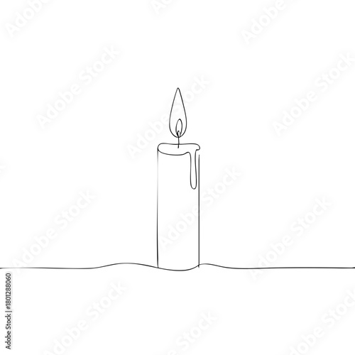 Single line drawing in modern minimalist style of romantic candlelight on white background with copy space