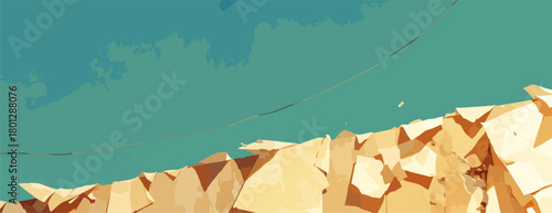 Vettore minimalista di paesaggio desertico con rocce gialle e cielo turchese intenso, stile piatto.