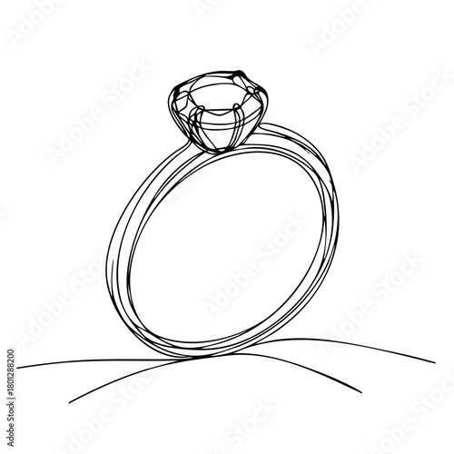 Single line drawing in modern minimalist style of engagement ring with diamond 