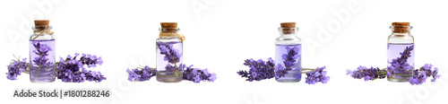 lavender essential oil bottles with fresh flowers on white background