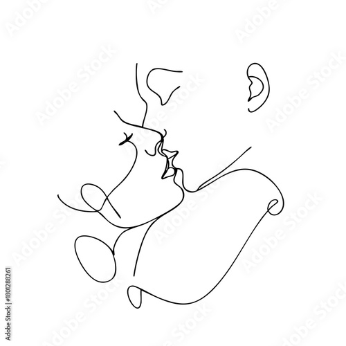 Single line drawing in modern minimalist style of romantic couple kissing on white background with copy space