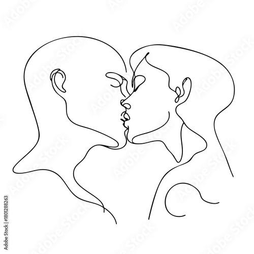 Single line drawing in modern minimalist style of romantic couple kissing on white background 
