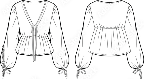 Women long sleeve blouse front and back flat sketch with tie neckline and peplum waist, fashion cad drawing vector illustration