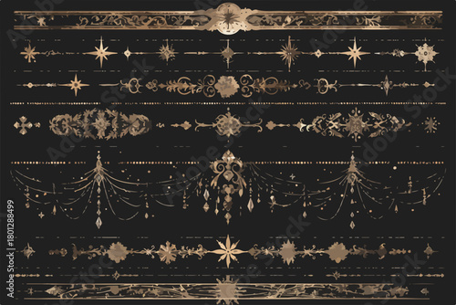 Collezione di divisori decorativi vettoriali in stile barocco e rococò dorato su sfondo scuro.