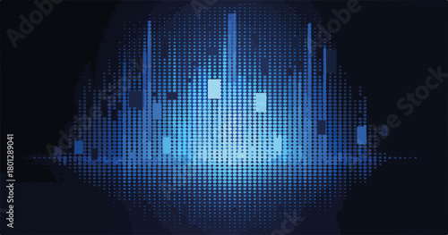 Sfondo digitale astratto con forme geometriche luminose blu che evocano un paesaggio urbano futuristico o dati.