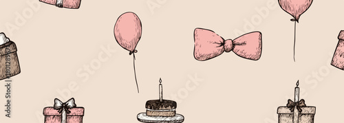 Pattern vettoriale disegnato a mano con torte, palloncini e fiocchi rosa per feste di compleanno.