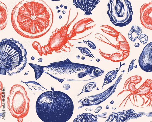 Pattern vettoriale disegnato a mano con frutti di mare freschi, crostacei, pesce, agrumi e ostriche.
